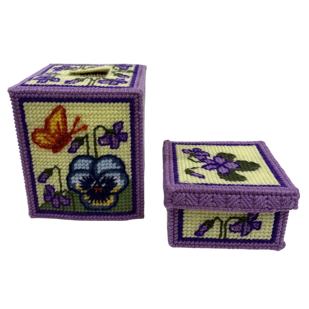Vintage Plastic Canvas Pansy Tissue Box Cover Trinket Box and Coasters Set